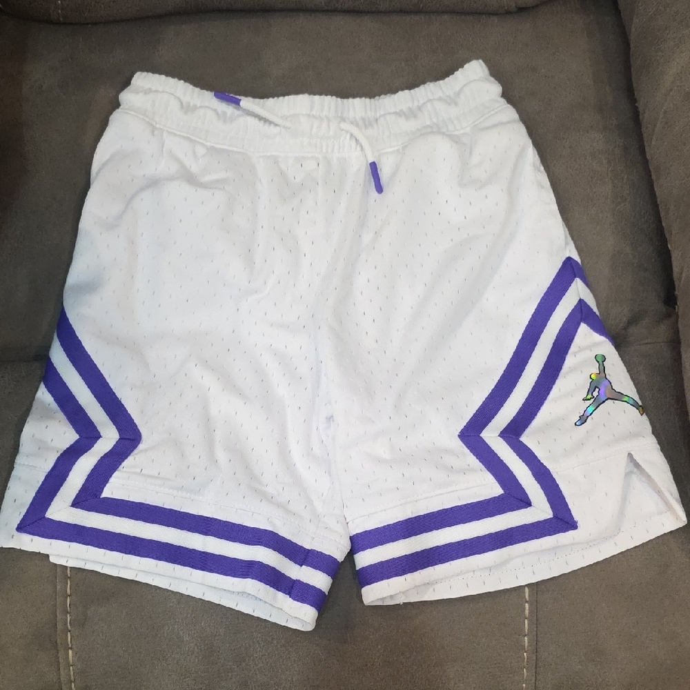 Jordan White Basketball Shorts with Purple Trim and Multicolor Jumpman
